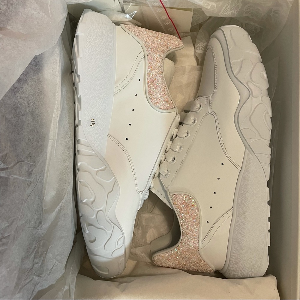 Alexander McQueen light pink glitter heel sneakers